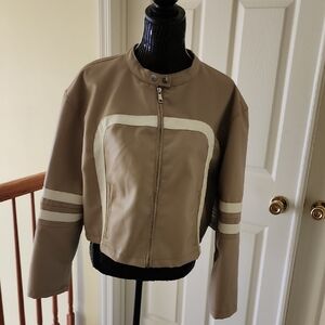 Ci Sono Tan and Cream Bomber Jacket / cream faux leather stripes.